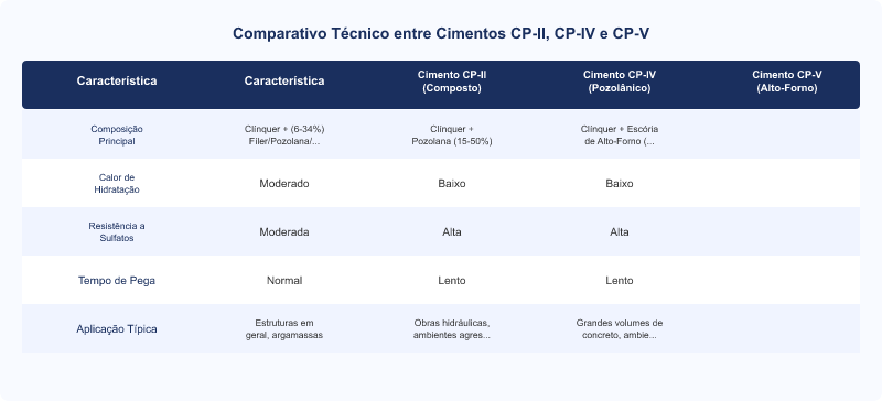 Diagrama técnico: Cimento CP-II vs CP-IV vs CP-V: Diferenças e Aplicações em Obra Residencial