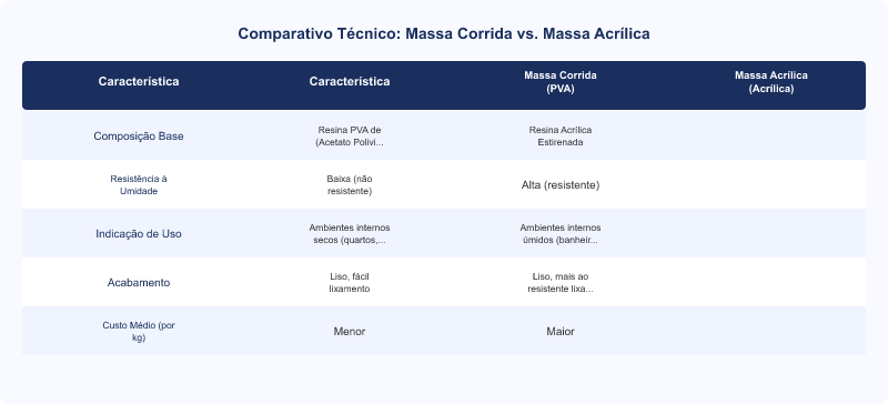 Diagrama técnico: Massa Corrida vs. Massa Acrílica: Uso Correto e Erros Técnicos em Áreas Úmidas